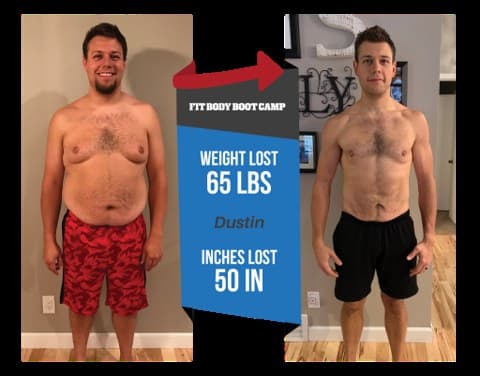 Dustin's before and after transformation — 65 pounds lost